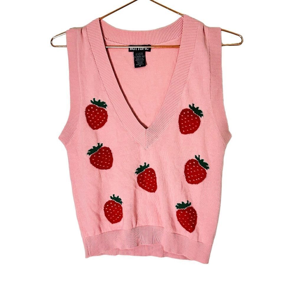 EUC Hot Topic Pink Strawberry Print V Neck Sweater Vest Small